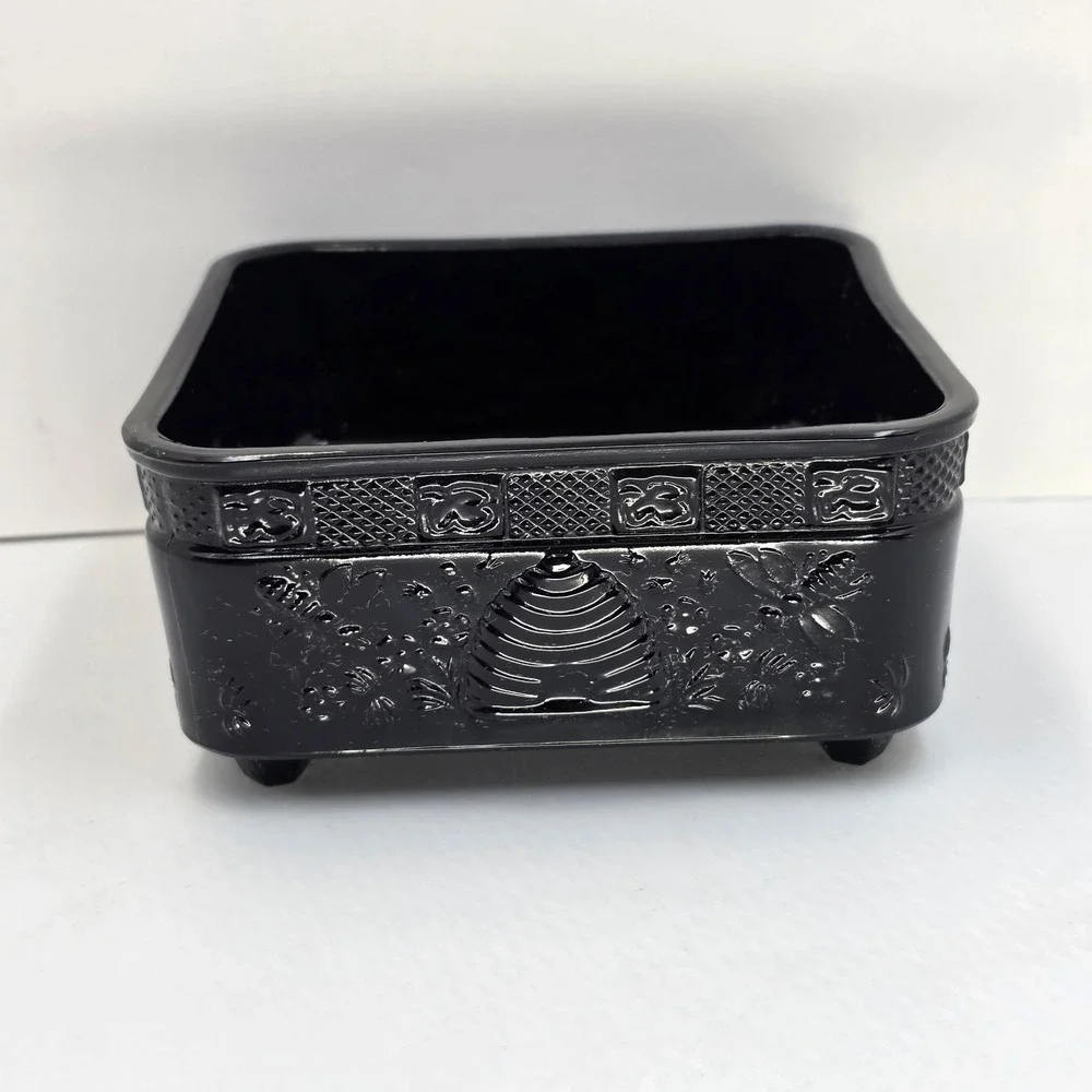Vintage Tiara Indiana Glass Black Onyx Honey Bee Box Candy BASE ONLY Peg Footed